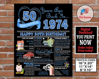 50th Birthday Poster BLUE Party Decoration, 1974 Birthday Gift for man or woman, 50th Birthday Glitter, Born in 1974, INSTANT DOWNLOAD file