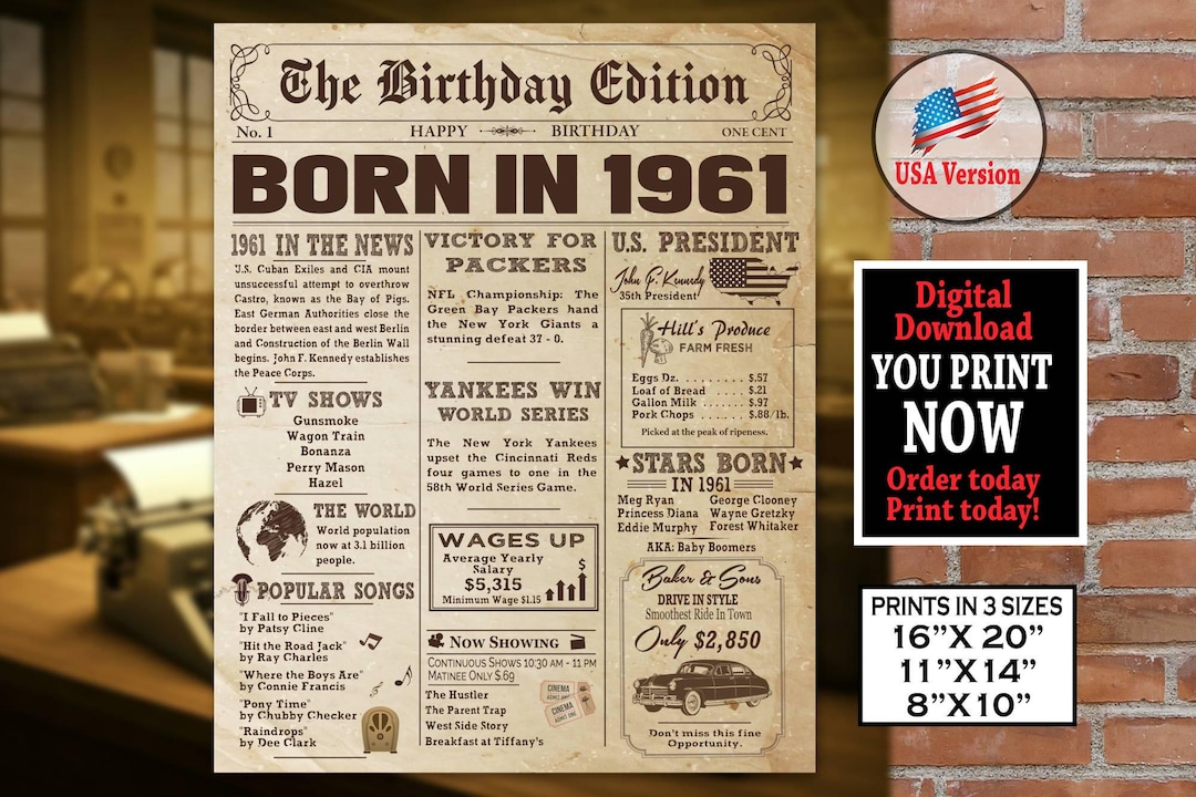 1961 Birthday Newspaper Poster 1961 Birthday Sign 1961 Newspaper