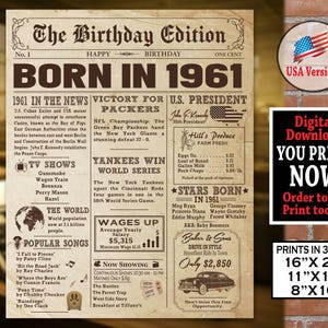 1961 Birthday Newspaper Poster, 1961 Birthday Sign, 1961 Newspaper Birthday Gift Board for Her or Him, Back in Year 1961 INSTANT Download