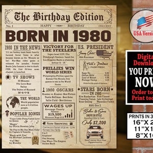 1980 Birthday NEWSPAPER Poster, 1980 Birthday Gift, Born in 1980 Birthday Party Decoration Sign - AUTHENTIC Look Newspaper| Instant Download