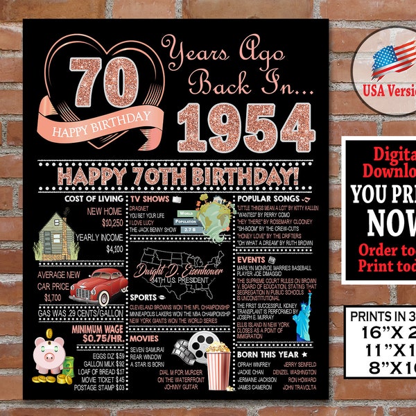 1954 Birthday Poster, 70th Birthday Sign, ROSE GOLD Gift for her, 70th Birthday Party Decoration Sign- Back in 1954 Digital Printable File