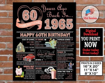 1965 60th Birthday Poster | Rose Gold Birthday Sign | 60th Party Decoration | Back in 1965 Gift for Her | Personalized INSTANT Download