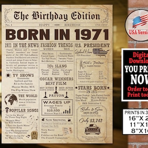 1971 Birthday NEWSPAPER Poster for 1971 Birthday | 1971 Birthday Gift for him or her | Party Decoration Printable Poster | Instant Download