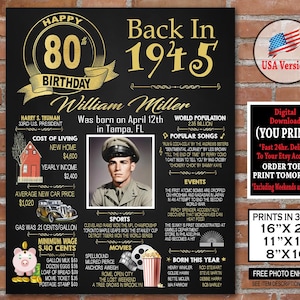 Póster de 80 cumpleaños, letrero decorativo para fiesta de cumpleaños de 1945, tablero de 80 cumpleaños, regalo para mujer u hombre - Archivo personalizado de 1945