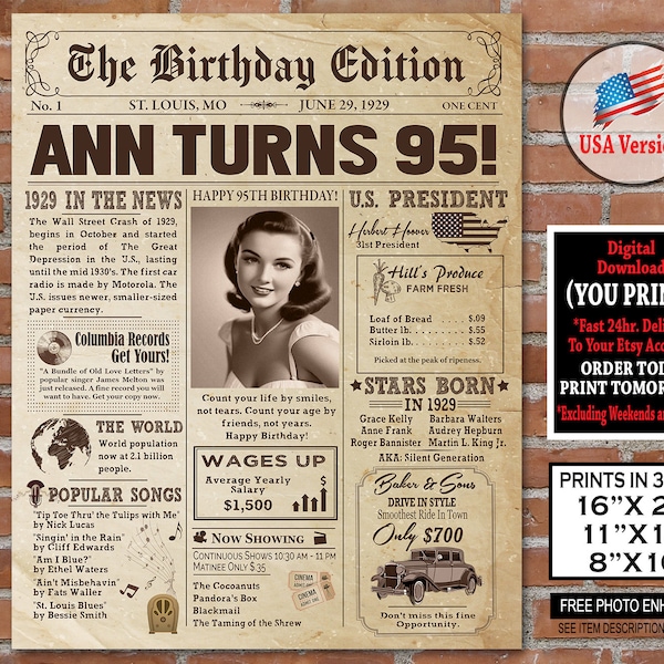 1929 95th Birthday NEWSPAPER Poster for 95th Birthday | 1929 Facts for 95th Adult Birthday | AUTHENTIC Look Printable Poster | Personalized
