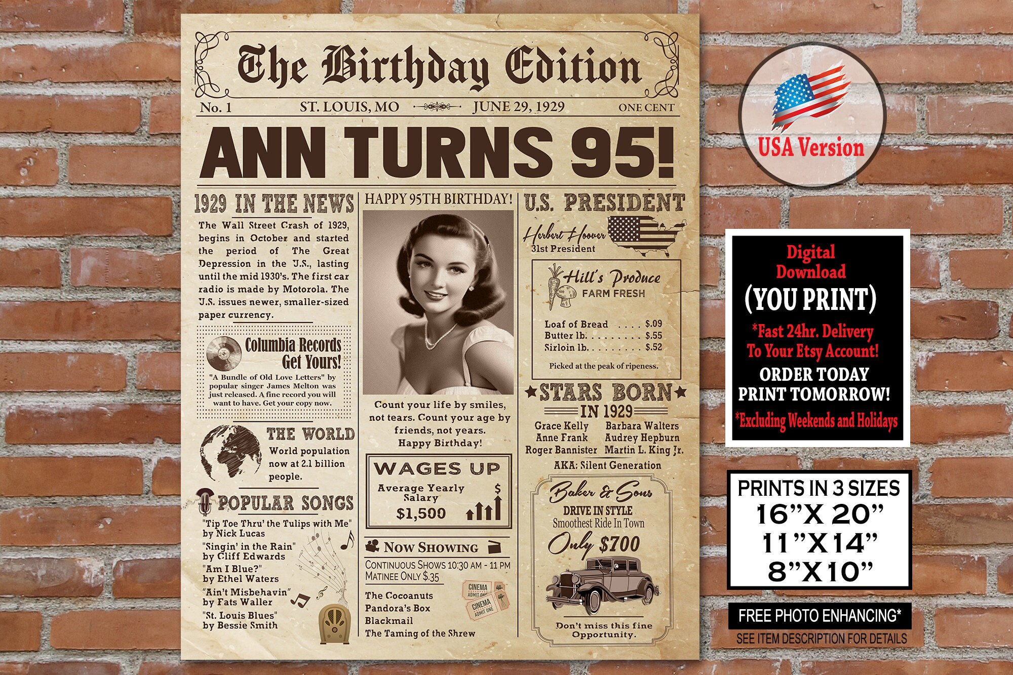 1929-95th-birthday-newspaper-poster-for-95th-birthday-1929-facts-for-95th-adult-birthday-authentic-look-printable-poster-personalized-etsy