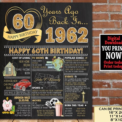 60th Birthday Poster 60th Birthday Chalkboard Sign 1962 | Etsy