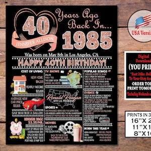 40th Birthday Poster | 1985 Birthday ROSE GOLD Party Decoration Sign | 40th Birthday Gift for Him or Her | Personalized Digital Download
