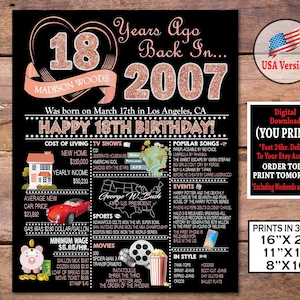 Poster per il 18° compleanno, cartello per il 18° compleanno in oro rosa 2007, decorazioni per la festa del 18° compleanno, regalo per il 18° compleanno per lei o per lui, personalizzato