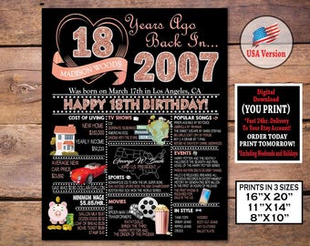 18th Birthday Poster, 2007 Rose Gold 18th Birthday Sign, 18th Birthday Party Decorations, 18th Birthday Gift for Her or Him, Personalized