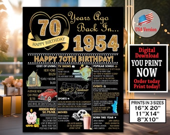 1954 Printable Glitter Style Poster, 70th Birthday Gold Glitter Birthday Party Decoration Sign- Back in Year 1954 Digital Printable File