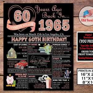 Póster del 60.° cumpleaños de 1965 / Regalo de 60.° cumpleaños en oro rosa para ella / Letrero digital imprimible personalizado de 1965 / Letrero de decoración para fiestas