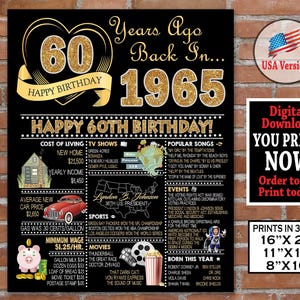 1965 60th Birthday Poster | Gold Glitter Birthday Sign | Born in 1965 Personalized Gift for Him or Her | Instant Download Party Decor