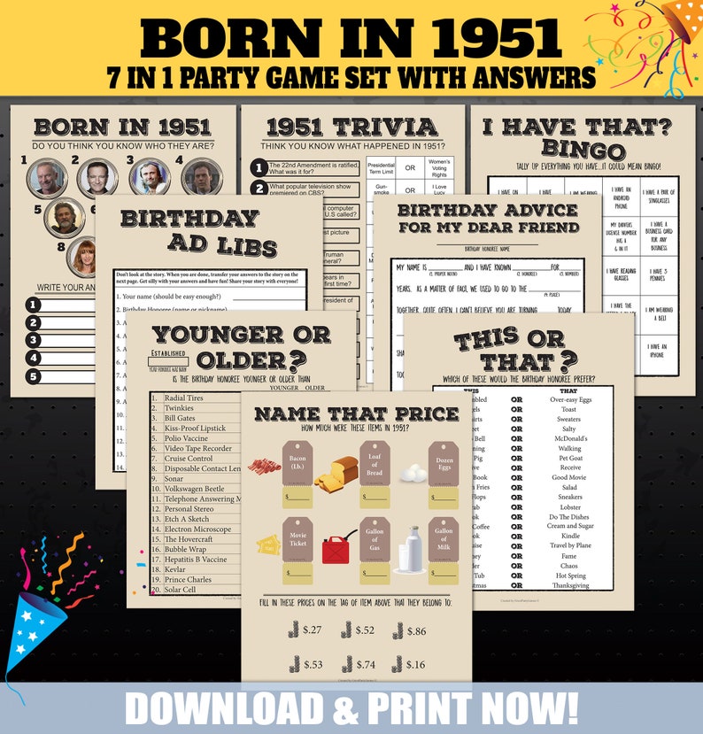 1951 Birthday Party Games, 1951 Party Trivia Games, Born in 1951 Trivia Game, Price Game, Name the Celebrity, Younger or Older, PRINTABLE image 1