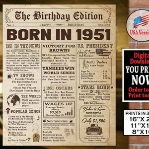 1951 anniversaire JOURNAL | Affiche anniversaire 1951 | Décoration de fête d'anniversaire pour adulte de 1951 | Poster imprimable au look AUTHENTIQUE | Téléchargement instantané