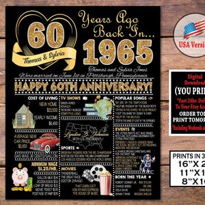 Affiche du 60e anniversaire de mariage | Plaque anniversaire 1965 | Décoration de fête du 60e anniversaire | Cadeau d&#39;anniversaire de diamant | Fichier personnalisé