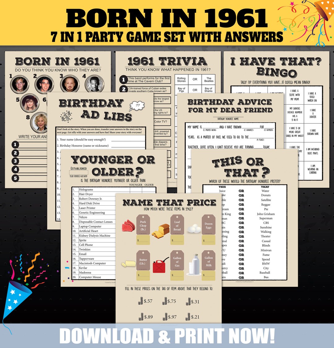 1961 Birthday Party Games 1961 Party Trivia Games Born In 1961 Trivia