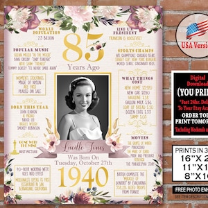85. Geburtstagsposter, 1940 Geburtstagsblumen-Posterschild, 85.Geburtstagsgeschenk für Erwachsene - Geboren in 1940 Personalisierte Digitale Druckbare Datei