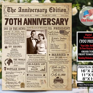 Afiche de periódico del 70.° aniversario, letrero con foto personalizada para aniversario de 1955, letrero para fiesta del 70.° aniversario, regalo del 70.° aniversario de platino