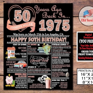 Póster de 50 cumpleaños, cartel de oro rosa de cumpleaños de 1975, regalo de 50 cumpleaños para ella, decoración de fiesta de cumpleaños de 1975, descarga personalizada
