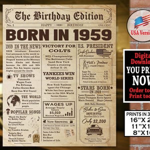 1959 Birthday NEWSPAPER Poster | 1959 Birthday Gift Sign | 1959 Facts for Adult Birthday | AUTHENTIC Look Printable Poster- Instant Download