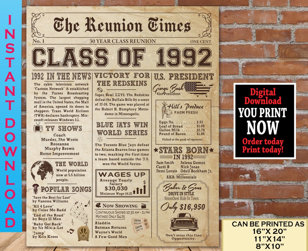 1992 Class Reunion NEWSPAPER Poster 30th Class Reunion - Etsy