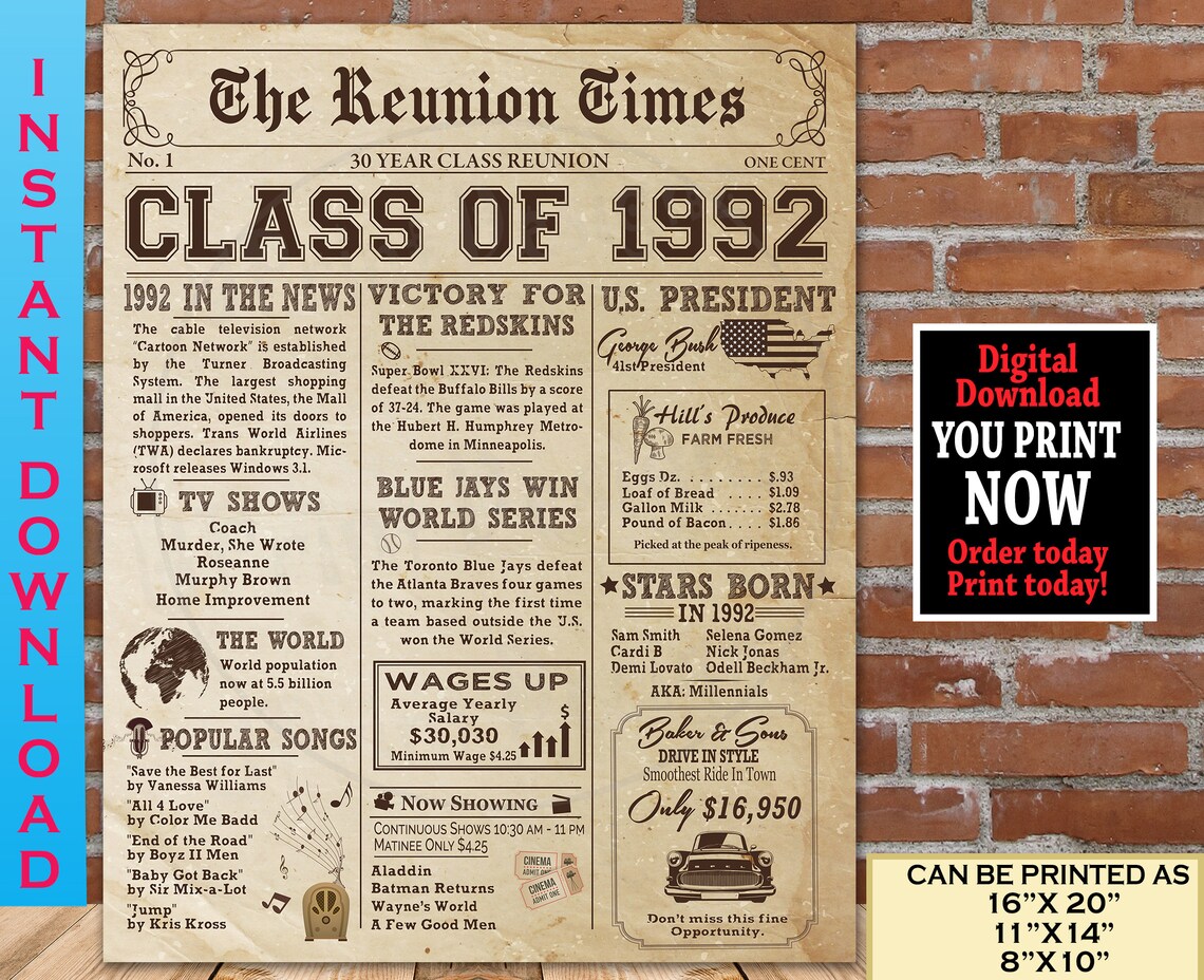 1992 Class Reunion NEWSPAPER Poster 30th Class Reunion - Etsy