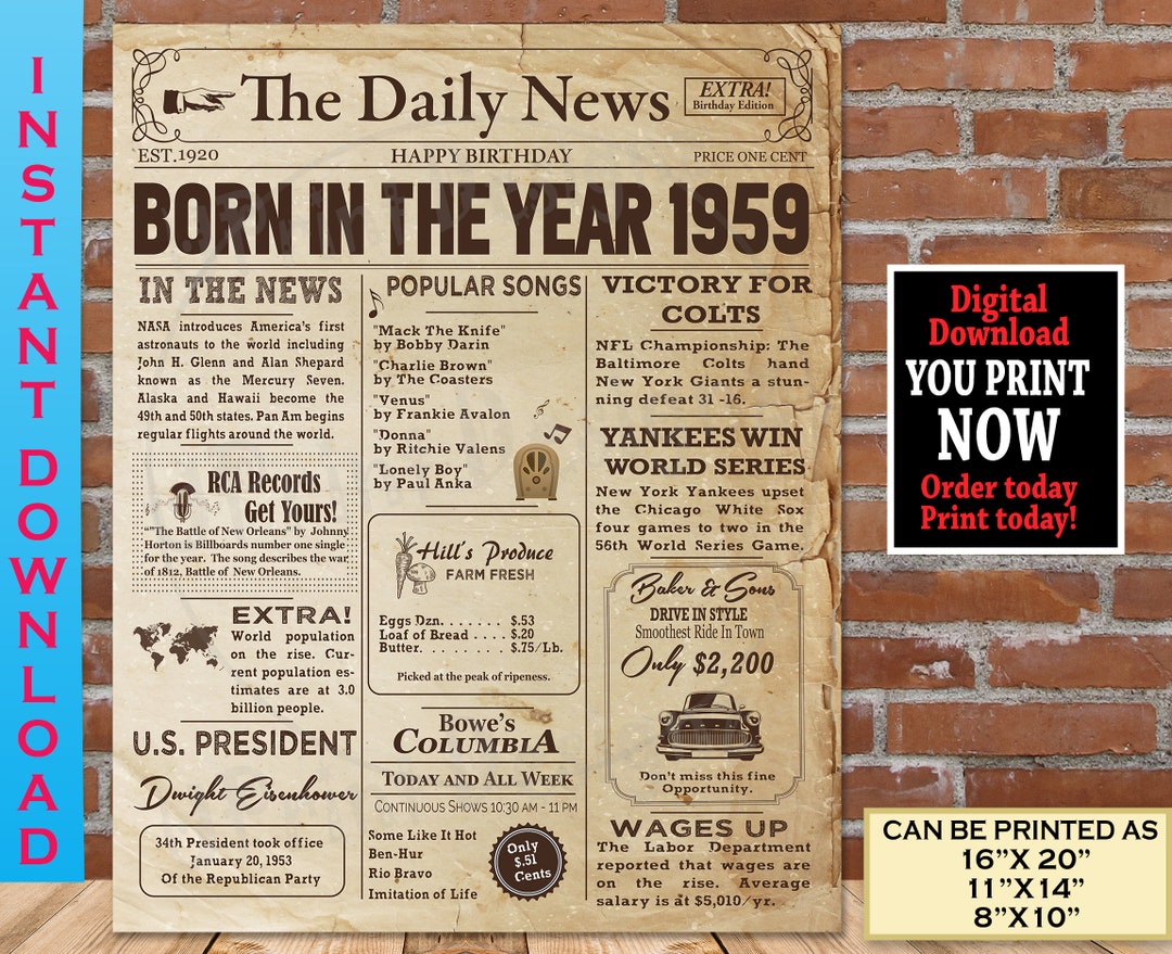 1959 Birthday NEWSPAPER Poster 1959 Birthday Gift Sign 1959 Facts for ...