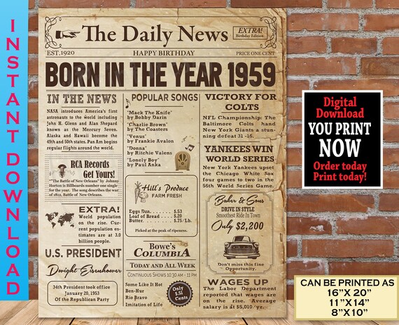1959 Birthday NEWSPAPER Poster 1959 Birthday Gift Sign | Etsy