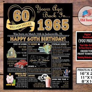 1965 60th Birthday Decoration Poster | Gold Birthday Sign | Back in 1965 Gift for Him or Her | Personalized Digital Instant Download
