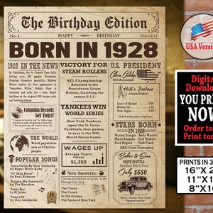 1928 Birthday Newspaper Style Printable Poster | 1928 Birthday Gift Sign | Birthday Sign Born in 1928 | 1928 Birthday Party Decoration Sign