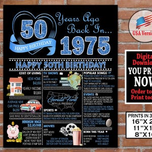 50th Birthday Poster BLUE Party Sign, 1974 Birthday Gift for Him or Her, 50th Birthday Glitter Decoration, Born in 1974 Instant Download