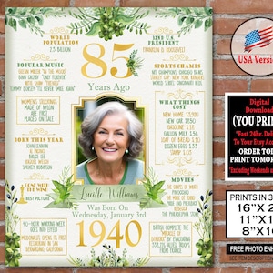 85. Geburtstag Poster, 1940 Personalisiertes Geburtstags-Fotoschild, 85. Geburtstagsgeschenk für Erwachsene - Geboren in 1940, digitale druckbare Datei