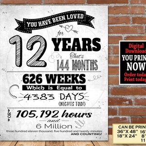 12. Geburtstag Sie wurden geliebt DRUCKBAR Poster | "12er Geburtstag Party Deko Schild | Geschenk zum 12.Geburtstag | Ideen zum 12