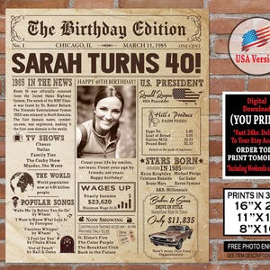 40th Birthday Newspaper Poster | 1985 Birthday Gift for Him or Her | Party Sign Back in 1985 | Personalized 40th Birthday Printable