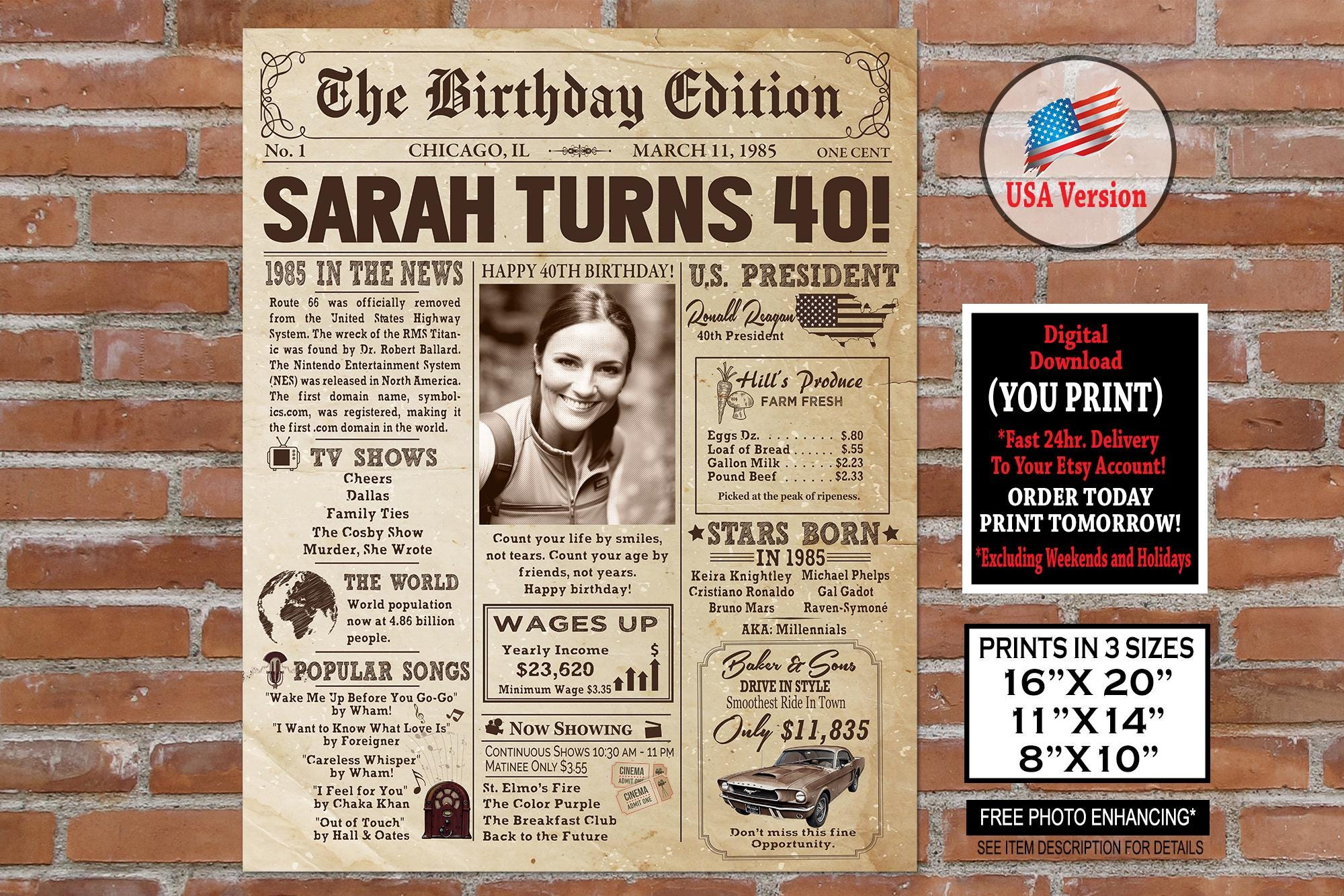 40th Birthday Newspaper Poster | 1985 Birthday Gift for Him