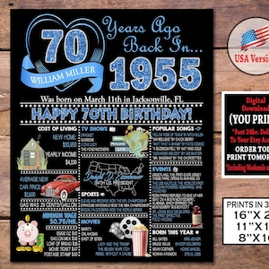 Cartello per festa del 70° compleanno / Poster di compleanno glitterato blu 1955 / Regalo stampabile personalizzato per lui o lei nel 1955 / Download digitale