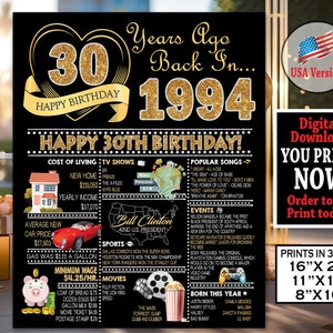 30th Birthday Party Decoration Poster, 1994 Birthday GOLD Gift Sign for Woman or Man, Born in 1994 Birthday Sign, Instant Download