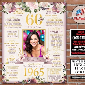 Póster del 60.° cumpleaños de 1965 / Decoración para fiesta del 60.° cumpleaños / Letrero de regalo con el nombre de nacido en 1965 / Tablero digital personalizado del 60.° cumpleaños