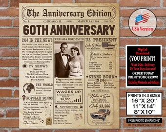 60th Anniversary 1964 Newspaper Photo Poster, 1964 Anniversary, 60th Anniversary Party Sign, 60th Anniversary Gift Board, Personalized