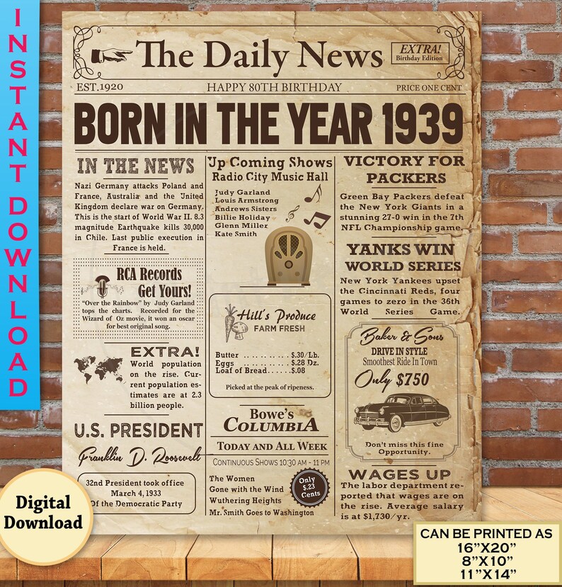 80th Birthday NEWSPAPER Poster Get together Decoration 1939 Information and facts for 80th Grownup Birthday Present Legitimate Glance Poster Instantaneous Obtain image about Free Printable Birthday Newspaper named 80th Birthday NEWSPAPER Poster Social gathering Decoration 1939 Info for 80th Grownup Birthday Reward Genuine Seem Poster Instantaneous Obtain