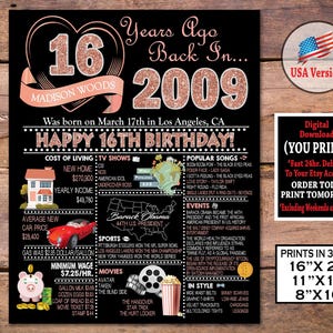 Póster de cumpleaños número 16 / Letrero de cumpleaños de 2009 en ORO ROSA / Decoración para fiesta de cumpleaños número 16 / Estilo brillante para cumpleaños número 16 / Personalizado 2009