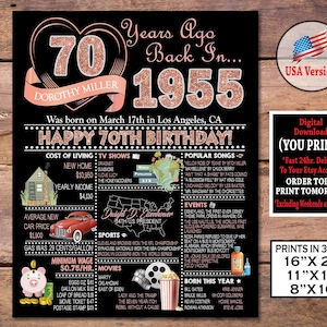 Póster de 70.° cumpleaños / Letrero de fiesta de cumpleaños en oro rosa de 1955 / Regalo personalizado de 1955 para él o ella / Decoración imprimible digital