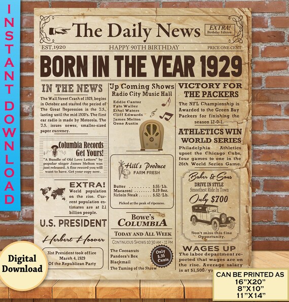 1929 Birthday NEWSPAPER Poster for 90th Birthday 1929 Facts | Etsy