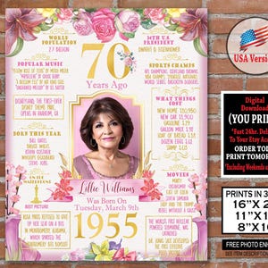 Poster per la decorazione della festa del 70° compleanno, regalo di compleanno del 1955 per donna, cartello per il 70° compleanno - file stampabile digitale risalente all'anno 1955