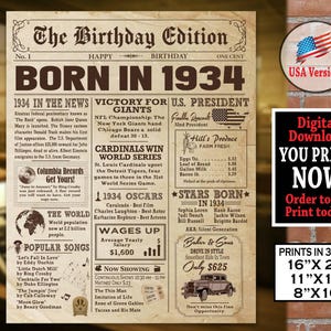 1934 Birthday NEWSPAPER Poster | 1934 Newspaper Facts for Adult Birthday | Born in 1934 AUTHENTIC Look Printable Poster | Instant Download