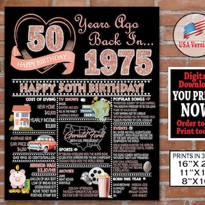 50th Birthday Poster, 1975 ROSE GOLD Birthday Sign, 50th Birthday Gift Glitter Style, Born in Year 1975, Digital Printable Download