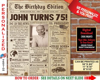 Instant Download Digital Printable File Cheers to 75 Years Gold /& White 75th Birthday Chalkboard Poster Sign CH035