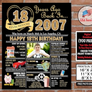 18th Birthday Photo Poster | 2007 GOLD Birthday Sign | 18th Birthday Party Decorations | 18th Birthday Gift for Her or Him | Personalized