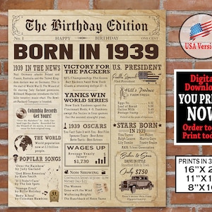 Pôster estilo JORNAL de aniversário de 1939, decoração de festa com fatos de aniversário de 1939 | Sinal de presente de aniversário de 1939 | Download Instantâneo - Arquivo Digital